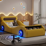Car-Shaped Upholstered Bed with Light-Up Wheels and Storage, 90x200cm, Yellow PU