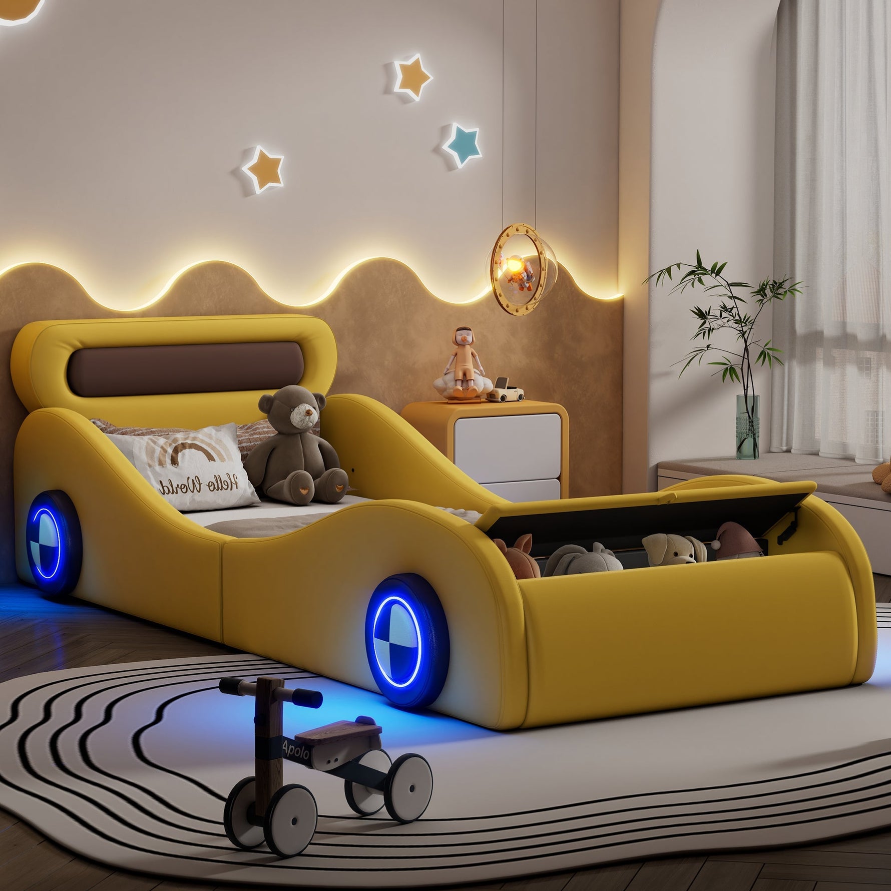 Car-Shaped Upholstered Bed with Light-Up Wheels and Storage, 90x200cm, Yellow PU