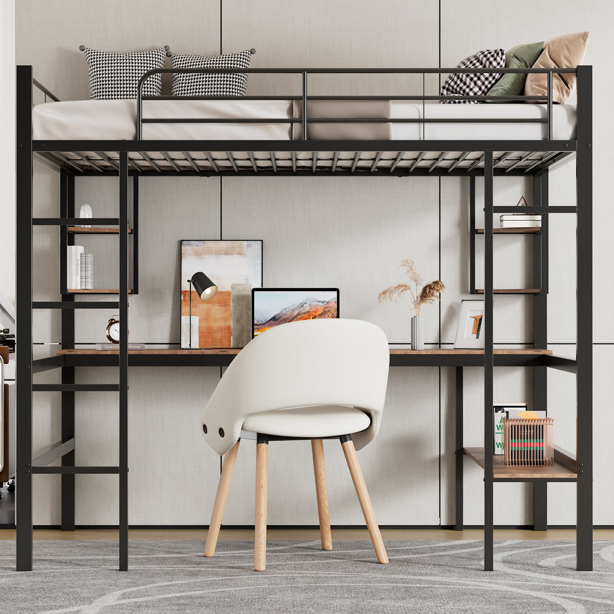 Loft Bed 90x200cm Metal Frame Desk & Bookcase - Black