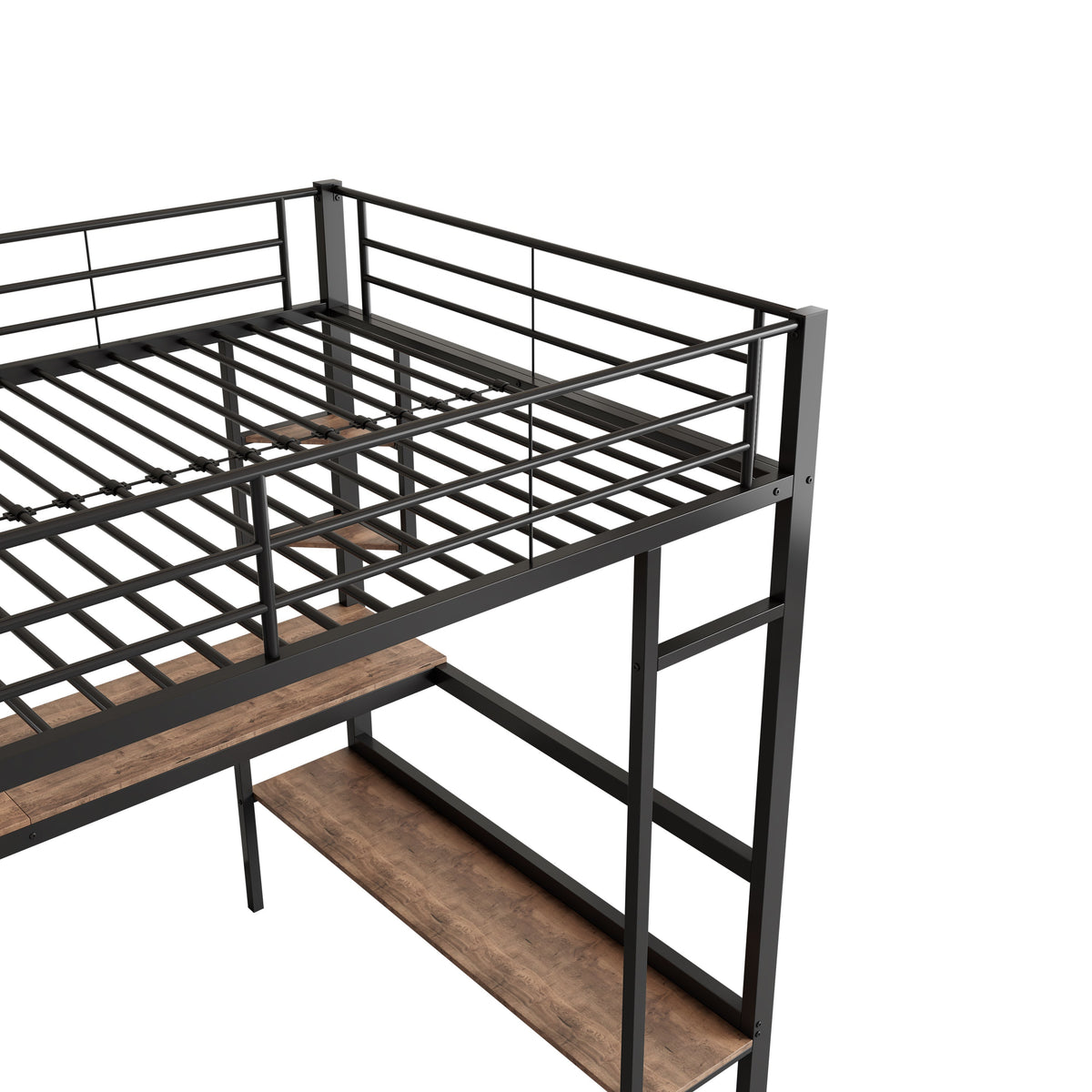 Loft Bed 90x200cm Metal Frame Desk & Bookcase - Black
