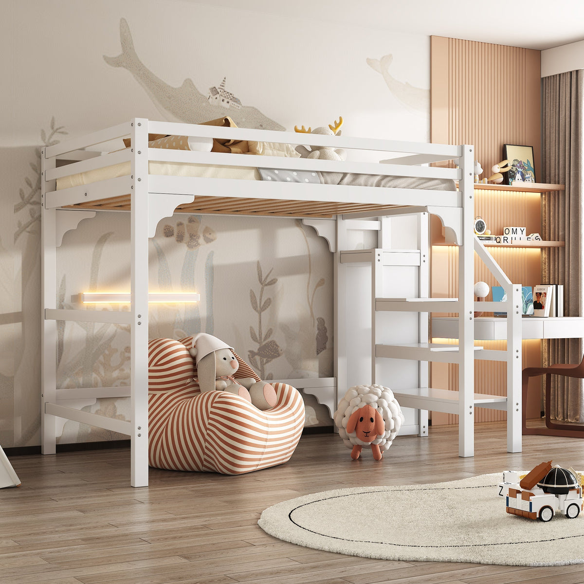 Loft Bed 140x200cm Steps Wardrobe Storage - White