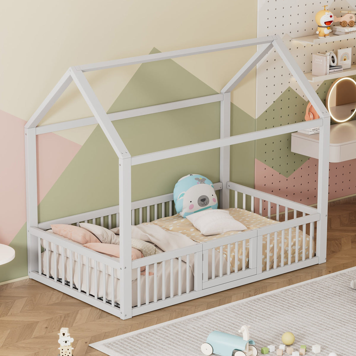 House Bed 90x200cm with Door Solid Wood - White