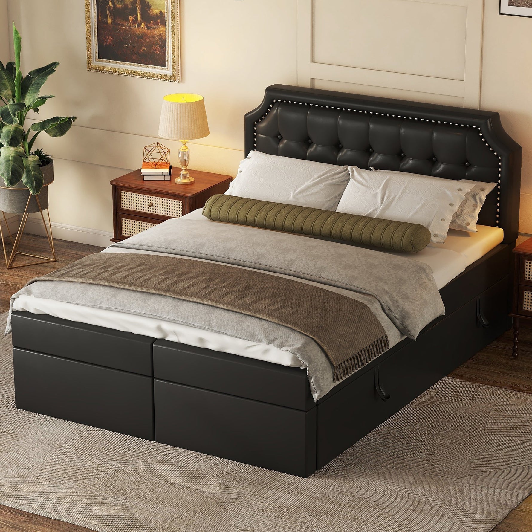 Upholstered Double Bed, 140x200cm Storage Slatted Base, Black