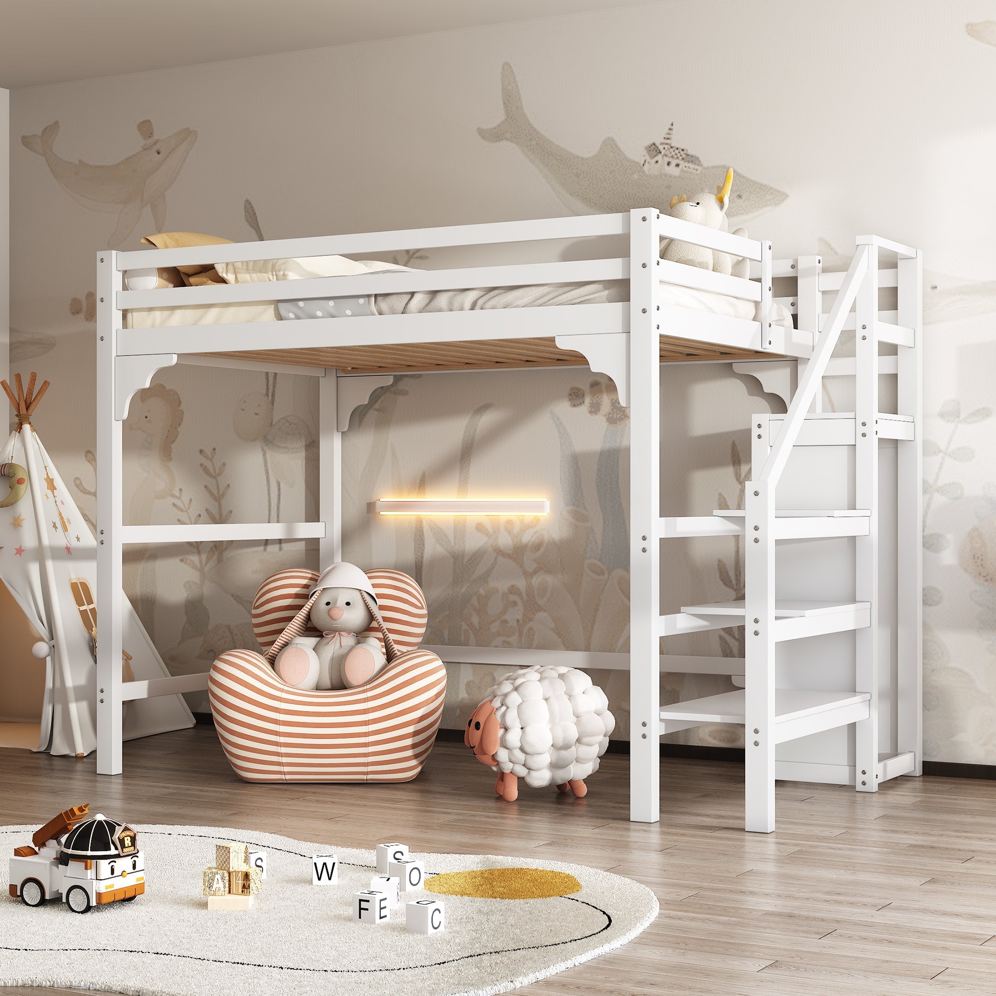 Loft Bed 140x200cm Steps Wardrobe Storage - White