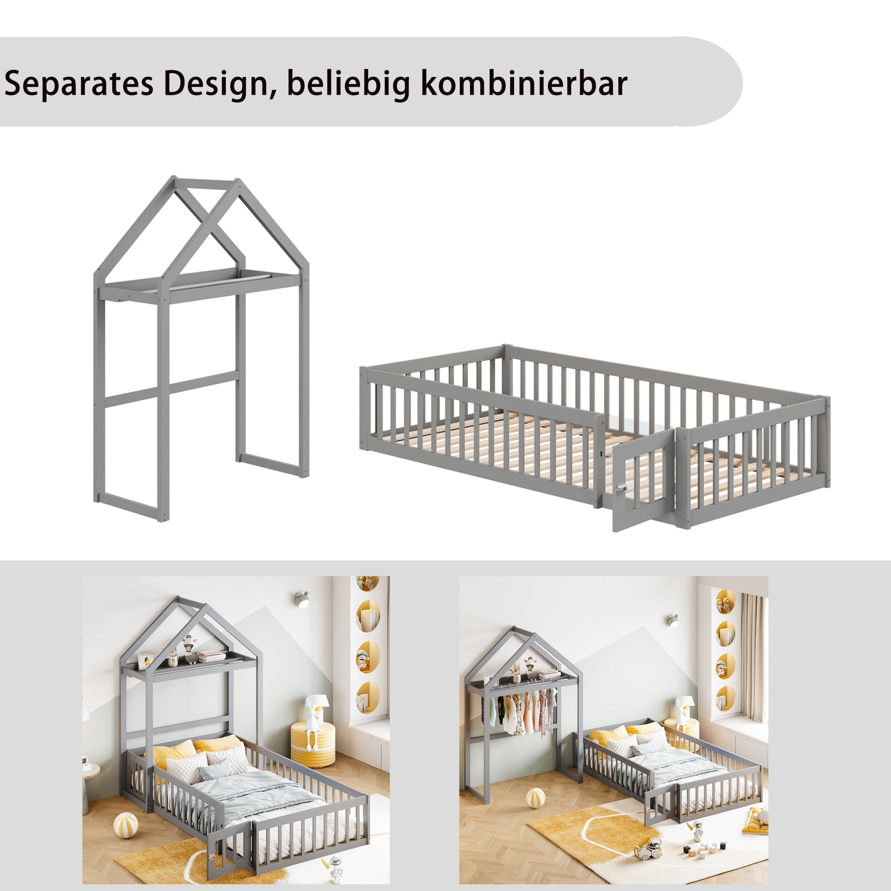 Children's Bed Frame 90x200cm, Solid Wood with Storage & Safety Gate, Grey