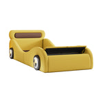 Car-Shaped Upholstered Bed with Light-Up Wheels and Storage, 90x200cm, Yellow PU