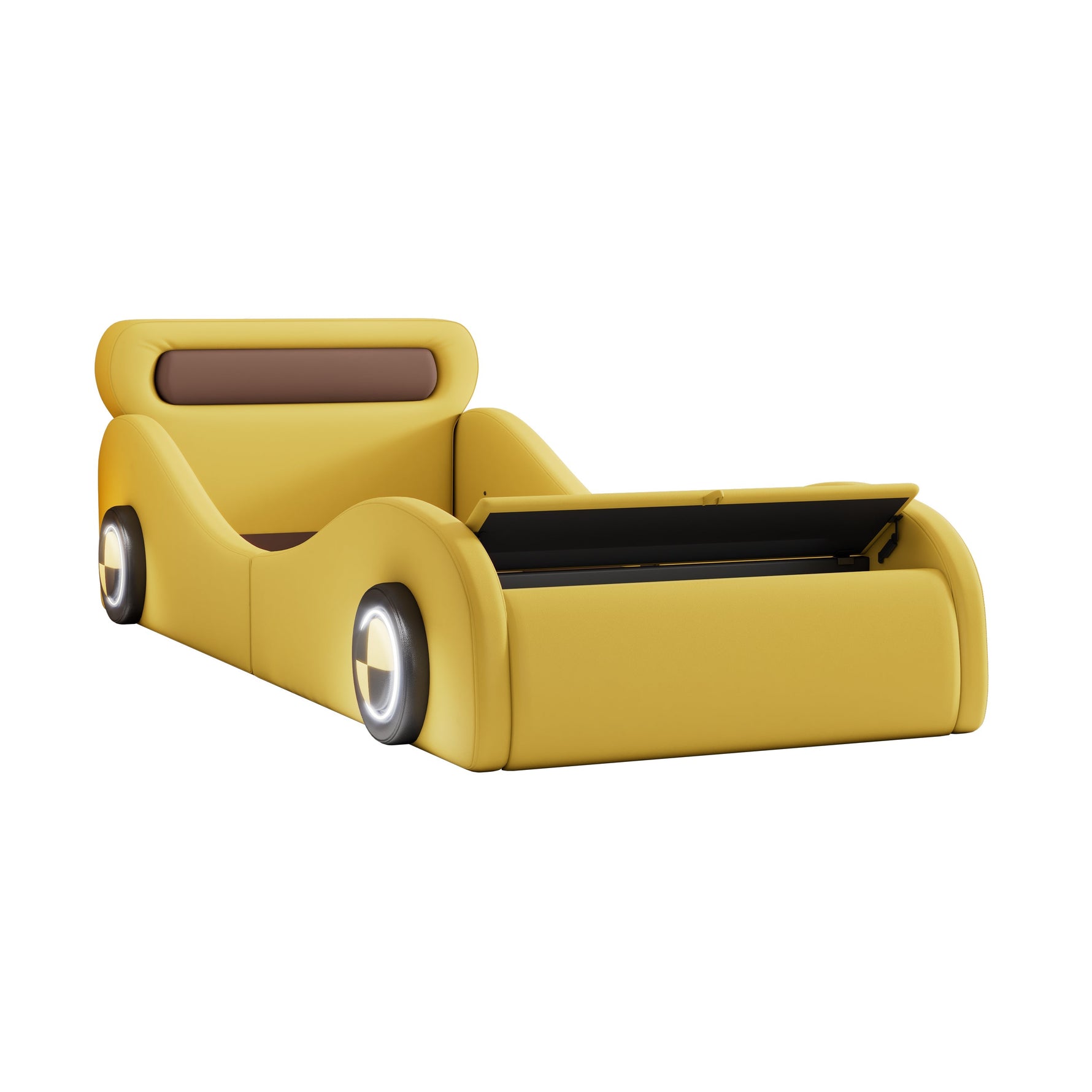 Car-Shaped Upholstered Bed with Light-Up Wheels and Storage, 90x200cm, Yellow PU