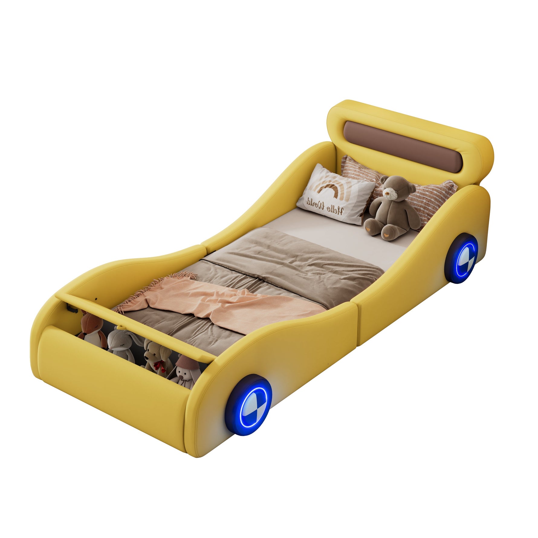 Car-Shaped Upholstered Bed with Light-Up Wheels and Storage, 90x200cm, Yellow PU