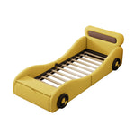 Car-Shaped Upholstered Bed with Light-Up Wheels and Storage, 90x200cm, Yellow PU