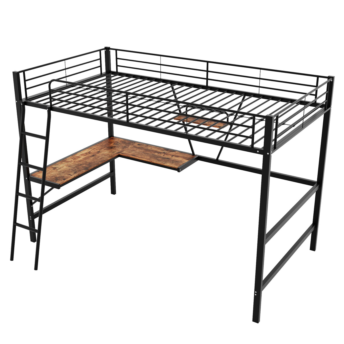 Loft Bed 90x200cm with L-shaped Desk and Shelf Metal Black