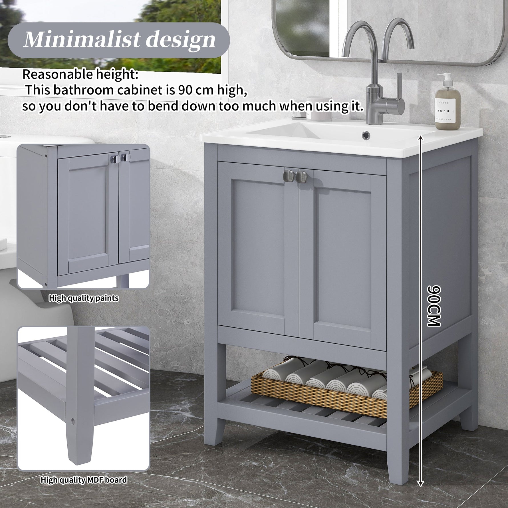 Bathroom Vanity Unit Base Cabinet 60cm Ceramic Washbasin Light Grey