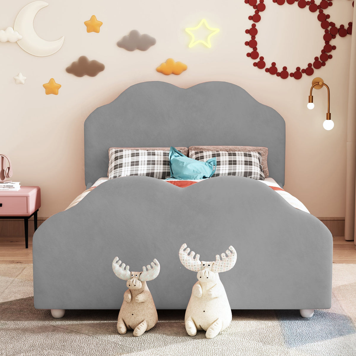 Children's Upholstered Bed, 90x200cm, High Railing, Cloud Head/Footboard, Gray Velvet
