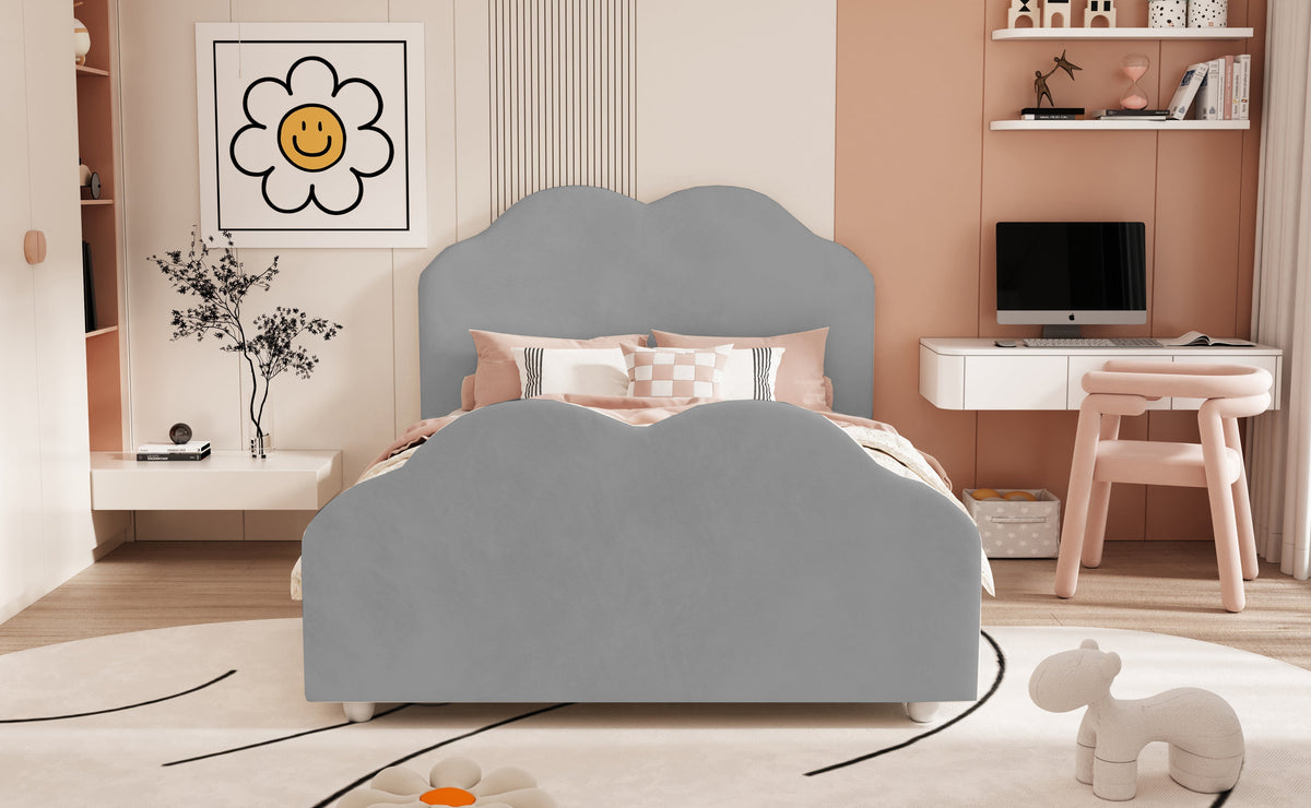 Children's Upholstered Bed, 90x200cm, High Railing, Cloud Head/Footboard, Gray Velvet
