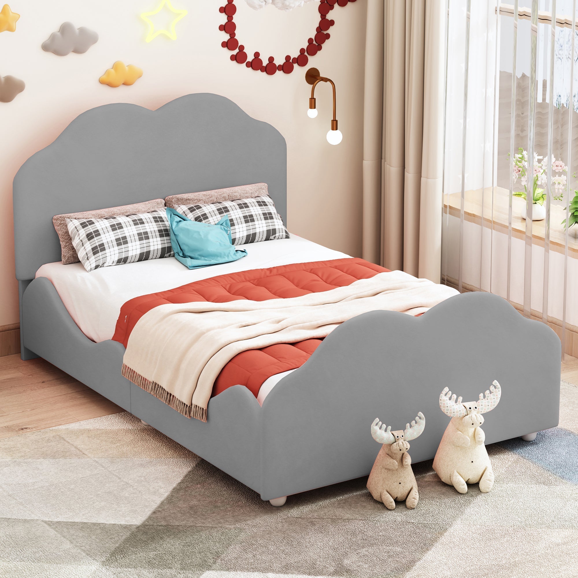 Children's Upholstered Bed, 90x200cm, High Railing, Cloud Head/Footboard, Gray Velvet