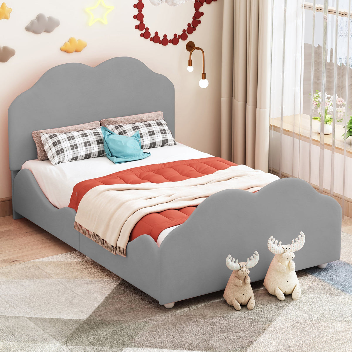 Children's Upholstered Bed, 90x200cm, High Railing, Cloud Head/Footboard, Gray Velvet