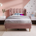 Upholstered Single Bed, USB-C Charging, Pink Velvet