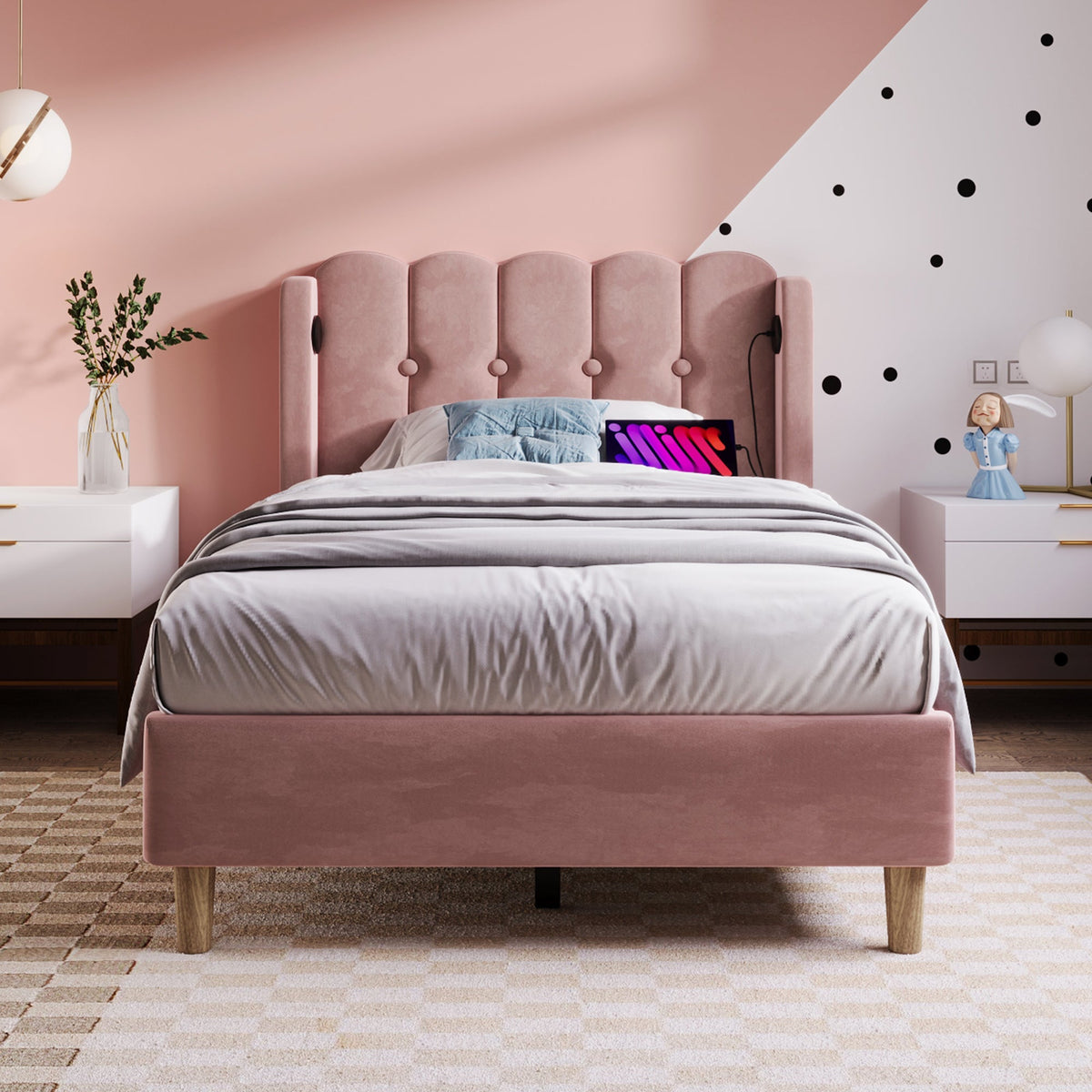 Upholstered Single Bed, USB-C Charging, Pink Velvet