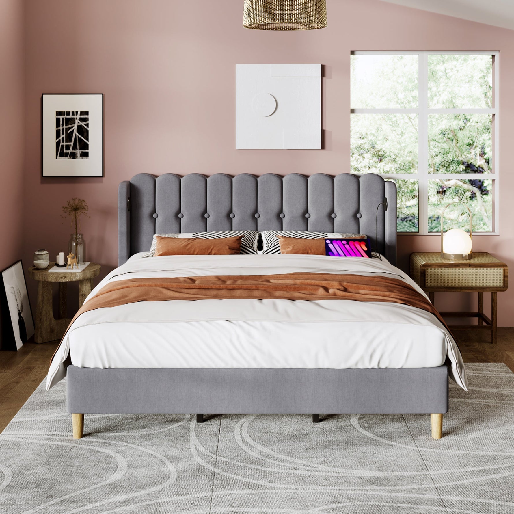 Upholstered Double Bed, USB Type C Charging, Slatted Frame, 180 x 200 cm, Gray Linen