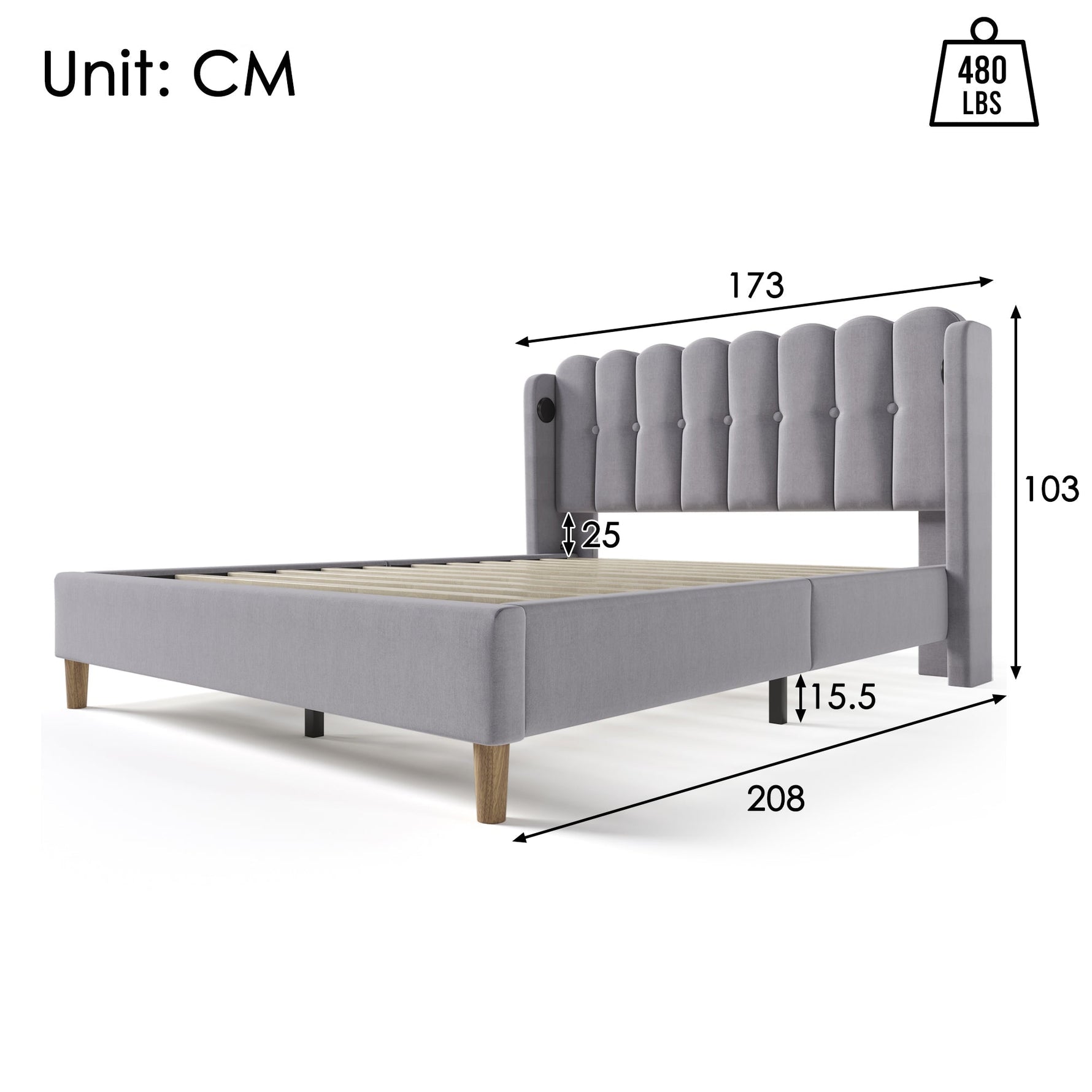 Upholstered Double Bed with USB Type C, Slatted Frame, 160 x 200 cm, Gray Linen