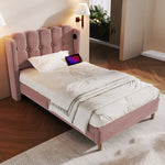 Upholstered Single Bed, USB-C Charging, Pink Velvet