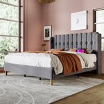 Upholstered Double Bed, USB Type C Charging, Slatted Frame, 180 x 200 cm, Gray Linen