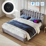 Upholstered Double Bed, USB Type C Charging, 140x200 cm, Gray Linen