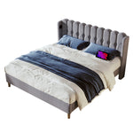 Upholstered Double Bed with USB Type C, Slatted Frame, 160 x 200 cm, Gray Linen