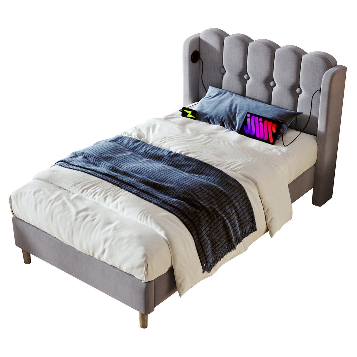 Upholstered Single Bed, USB Type C Charging, Slatted Frame, Gray Linen