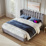 Upholstered Double Bed with USB Type C, Slatted Frame, 160 x 200 cm, Gray Linen