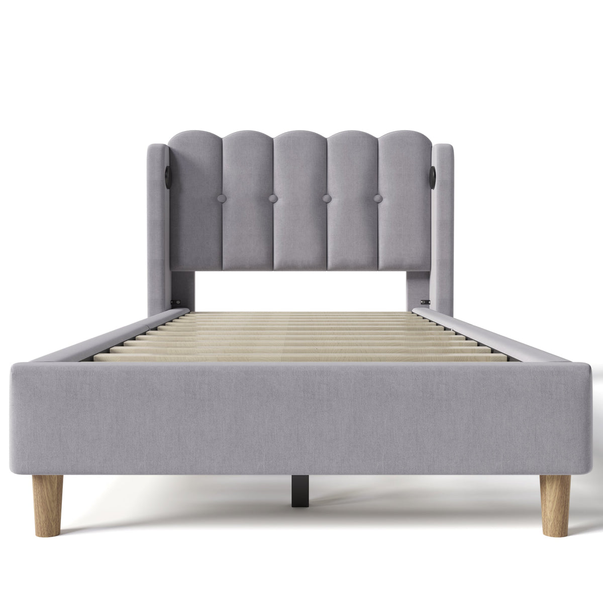 Upholstered Single Bed, USB Type C Charging, Slatted Frame, Gray Linen