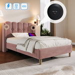 Upholstered Single Bed, 90x200cm, USB-C Charging, Pink Velvet