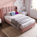 Upholstered Single Bed, 90x200cm, USB-C Charging, Pink Velvet