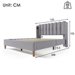 Upholstered Double Bed, USB Type C Charging, Slatted Frame, Gray Linen