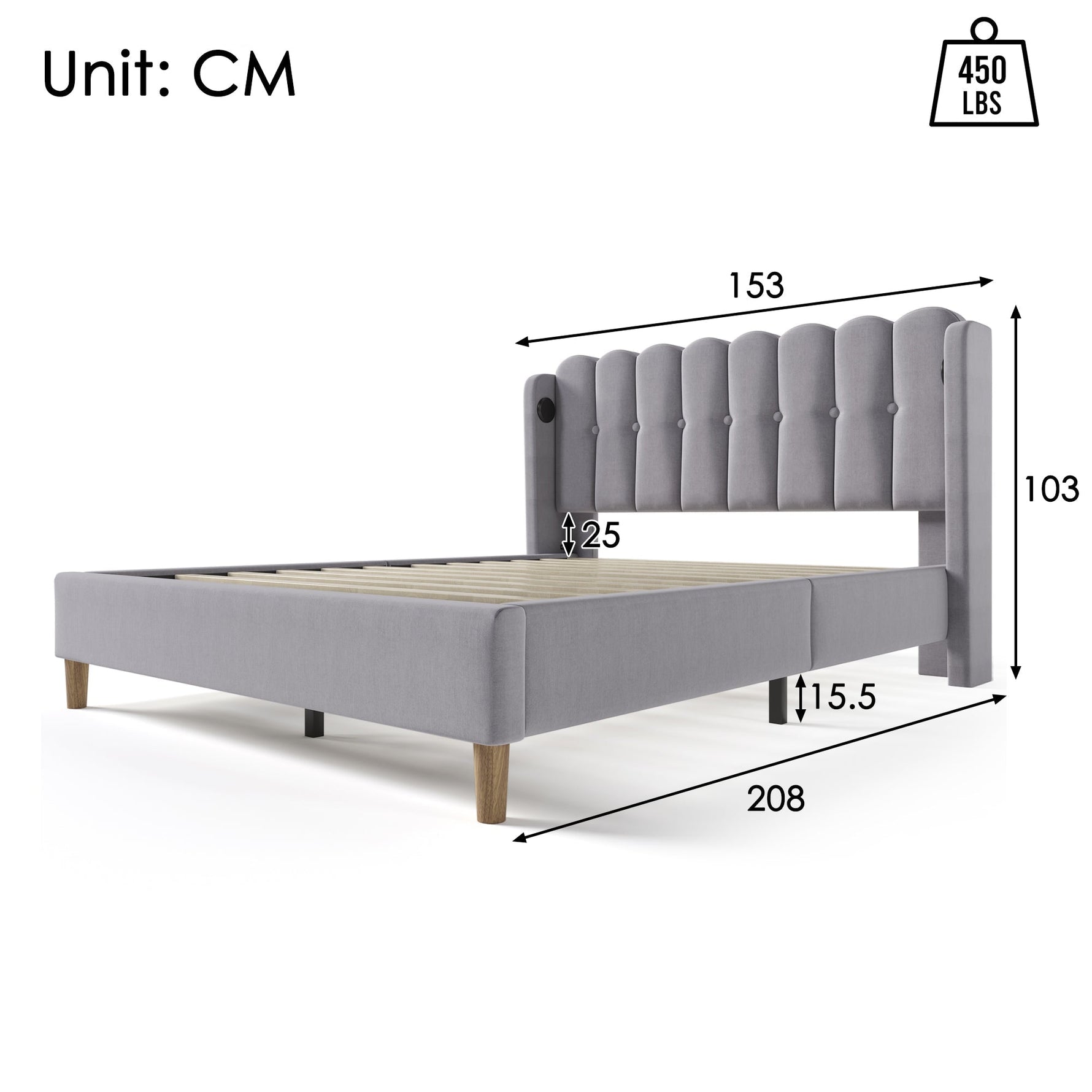 Upholstered Double Bed, USB Type C Charging, Slatted Frame, Gray Linen
