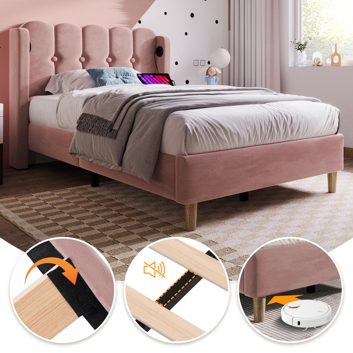 Upholstered Single Bed, USB-C Charging, Pink Velvet