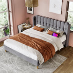 Upholstered Double Bed with USB C Charging, 180x200cm, Grey Linen