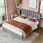 Upholstered Double Bed, USB Type C Charging, Slatted Frame, 180 x 200 cm, Gray Linen