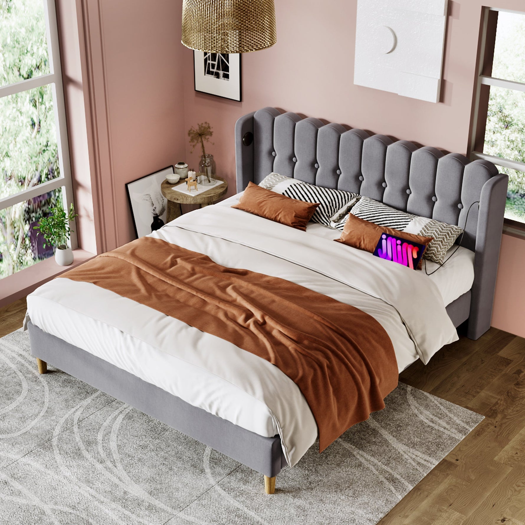 Upholstered Double Bed, USB Type C Charging, Slatted Frame, 180 x 200 cm, Gray Linen