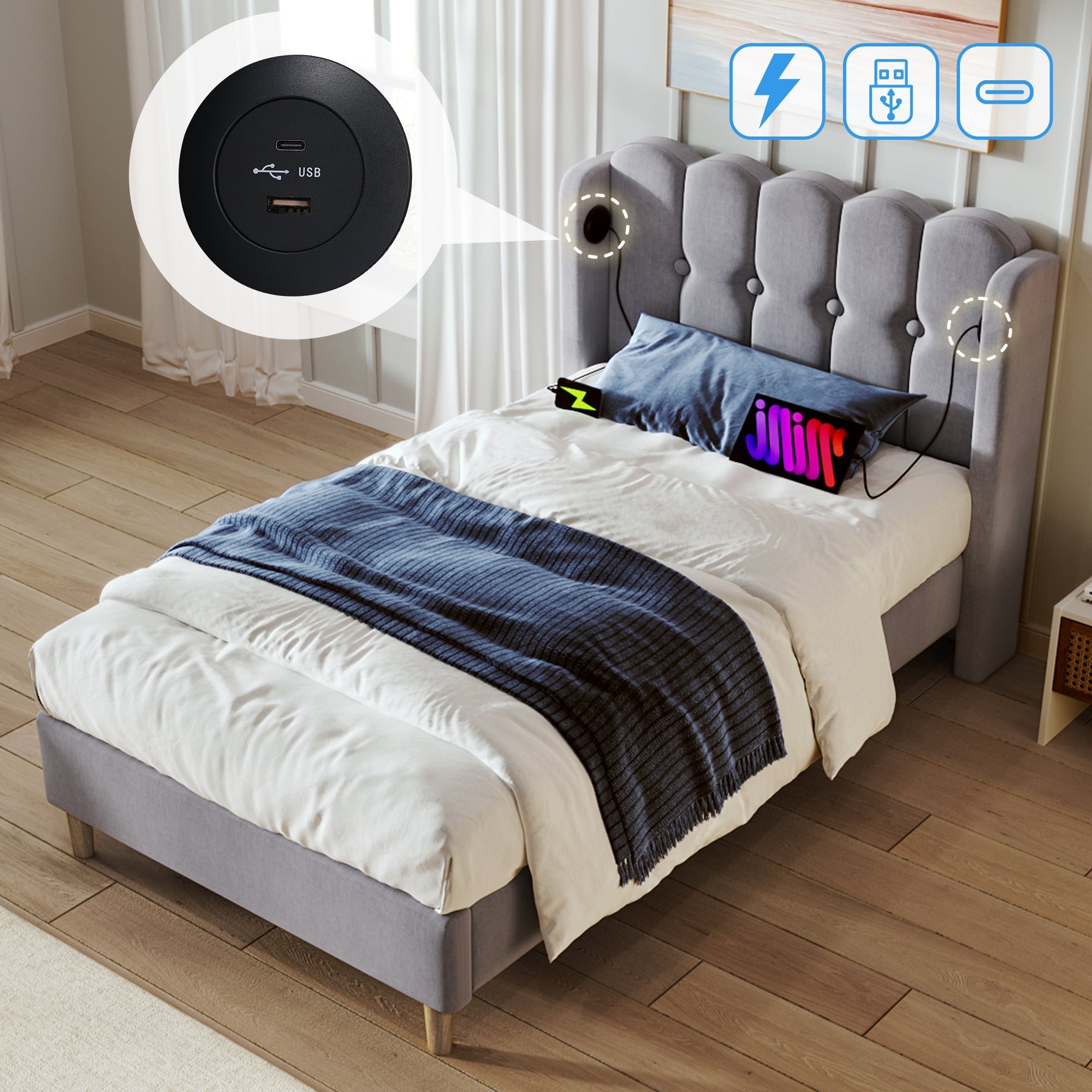 Upholstered Single Bed, USB Type C Charging, Slatted Frame, Gray Linen
