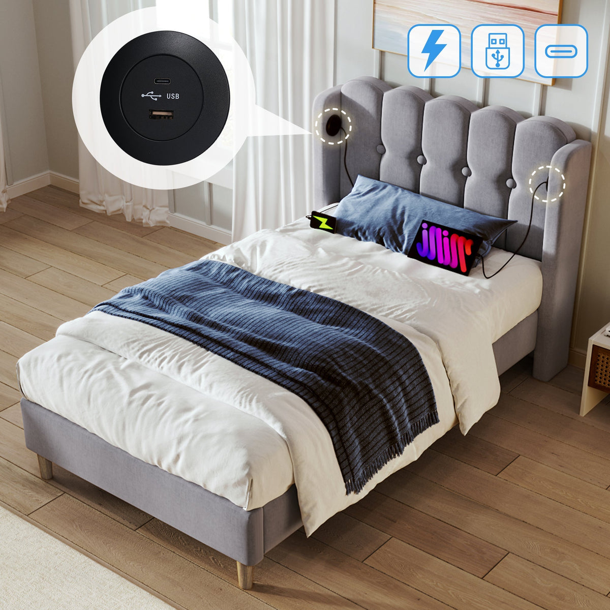 Upholstered Single Bed, USB Type C Charging, Slatted Frame, Gray Linen
