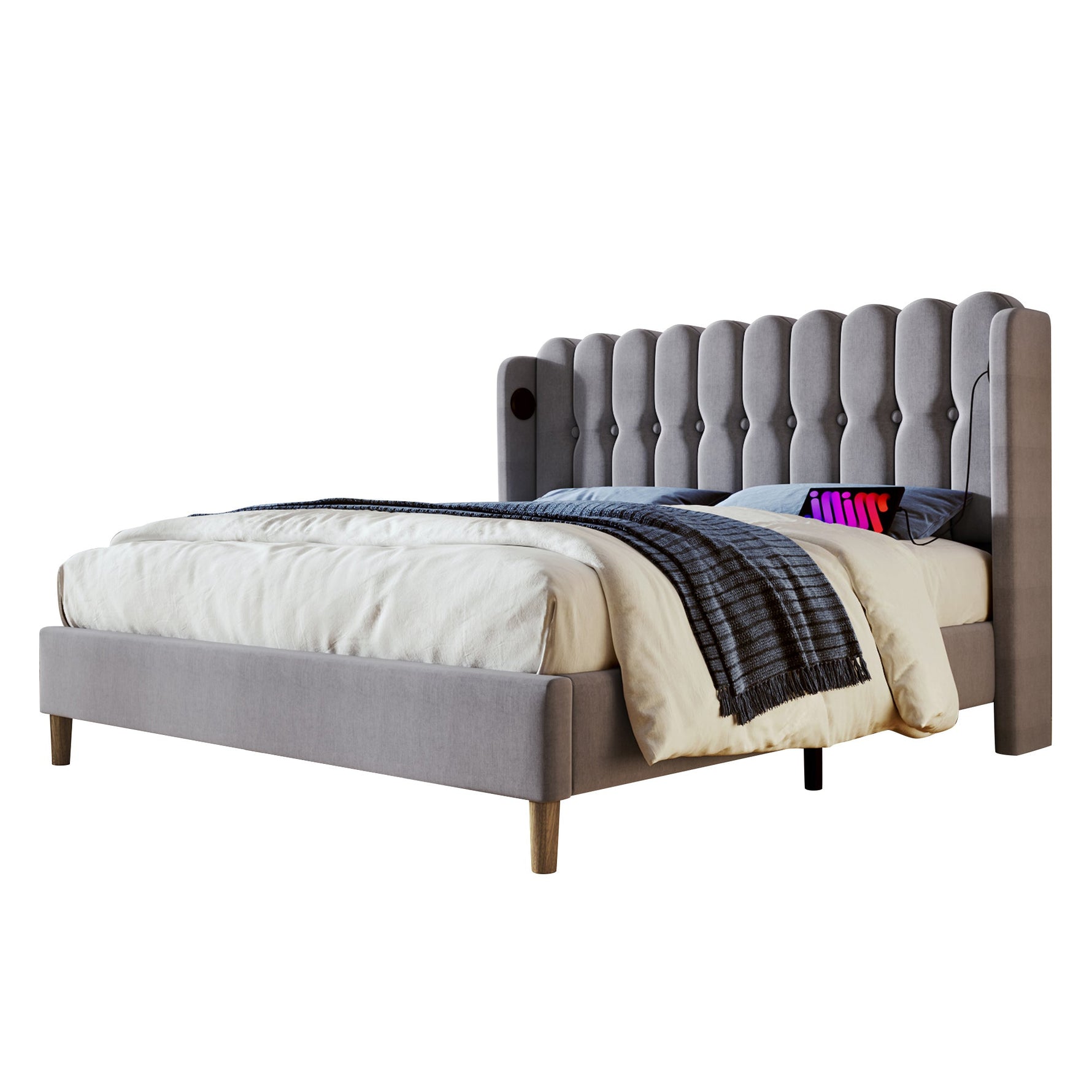 Upholstered Double Bed with USB Type C, Slatted Frame, 160 x 200 cm, Gray Linen
