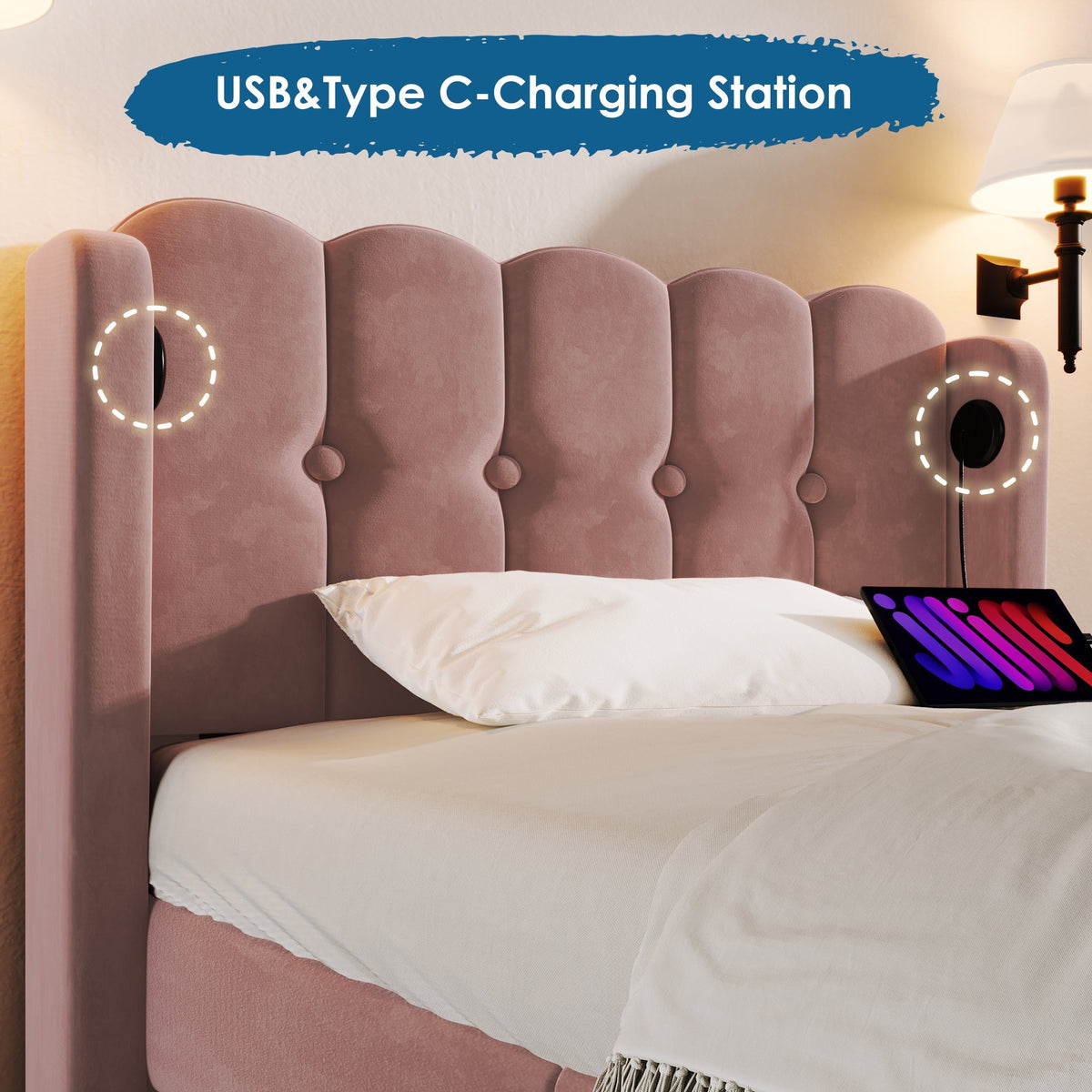 Upholstered Single Bed, USB-C Charging, Pink Velvet