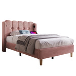 Upholstered Single Bed, 90x200cm, USB-C Charging, Pink Velvet