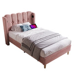 Upholstered Single Bed, 90x200cm, USB-C Charging, Pink Velvet