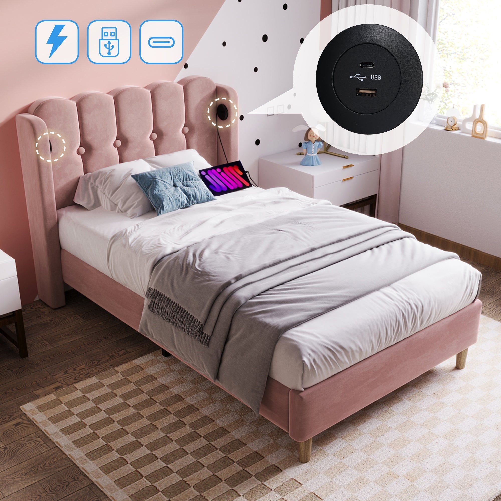 Upholstered Single Bed, 90x200cm, USB-C Charging, Pink Velvet