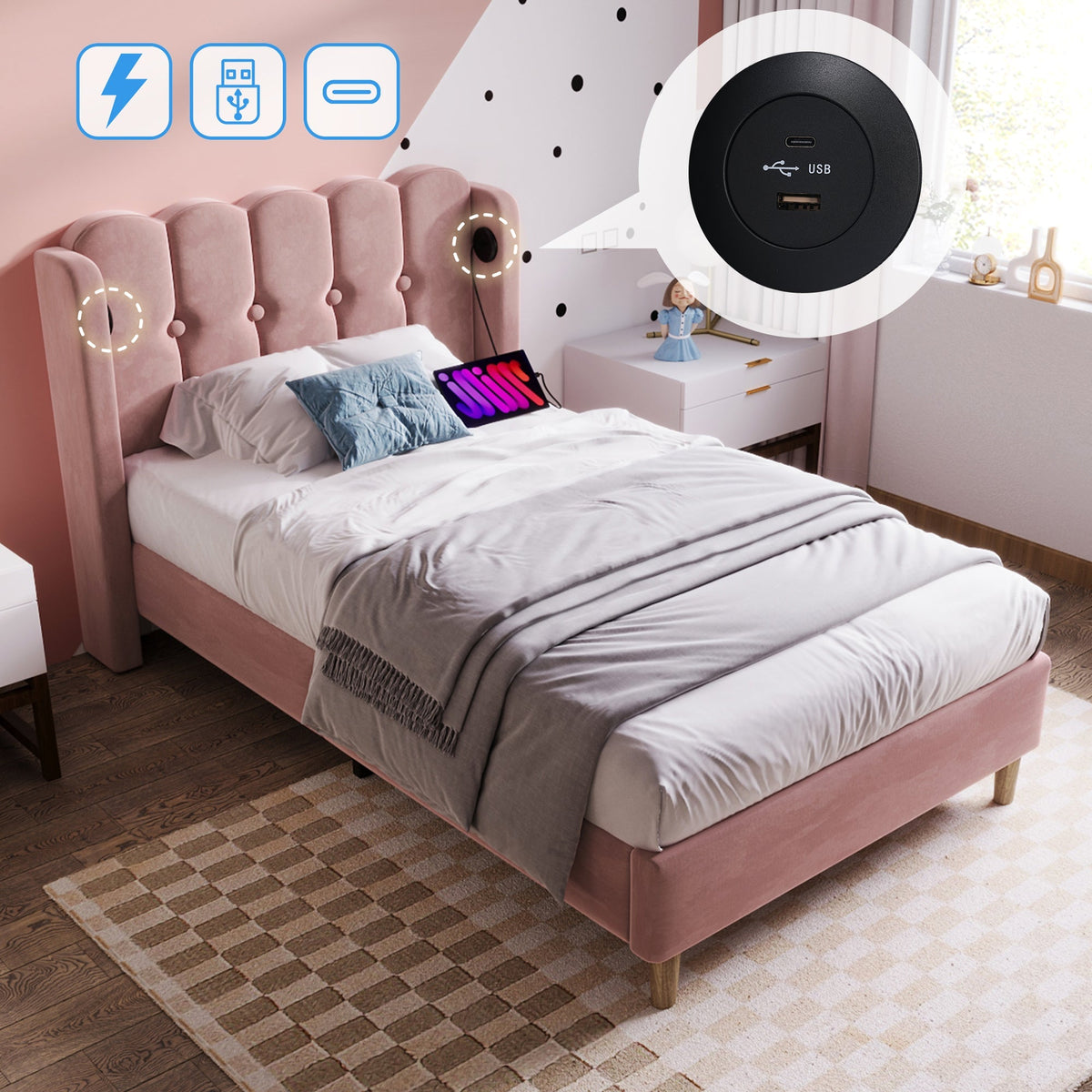 Upholstered Single Bed, 90x200cm, USB-C Charging, Pink Velvet