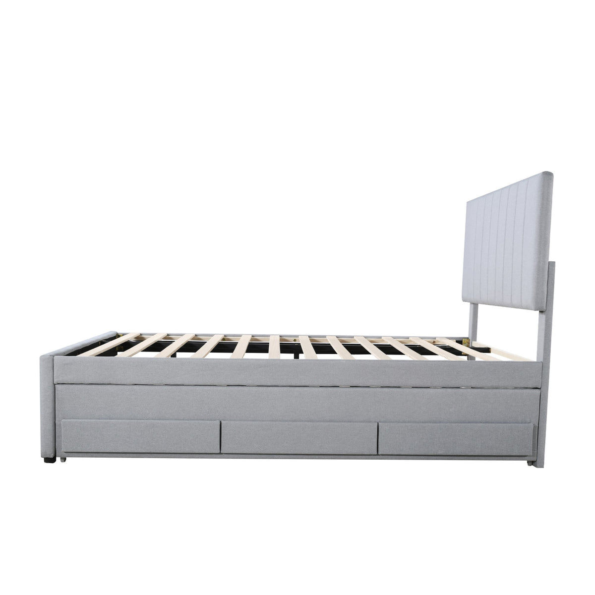 Upholstered Bed, 90x200cm Trundle with Storage Drawers, Linen Grey