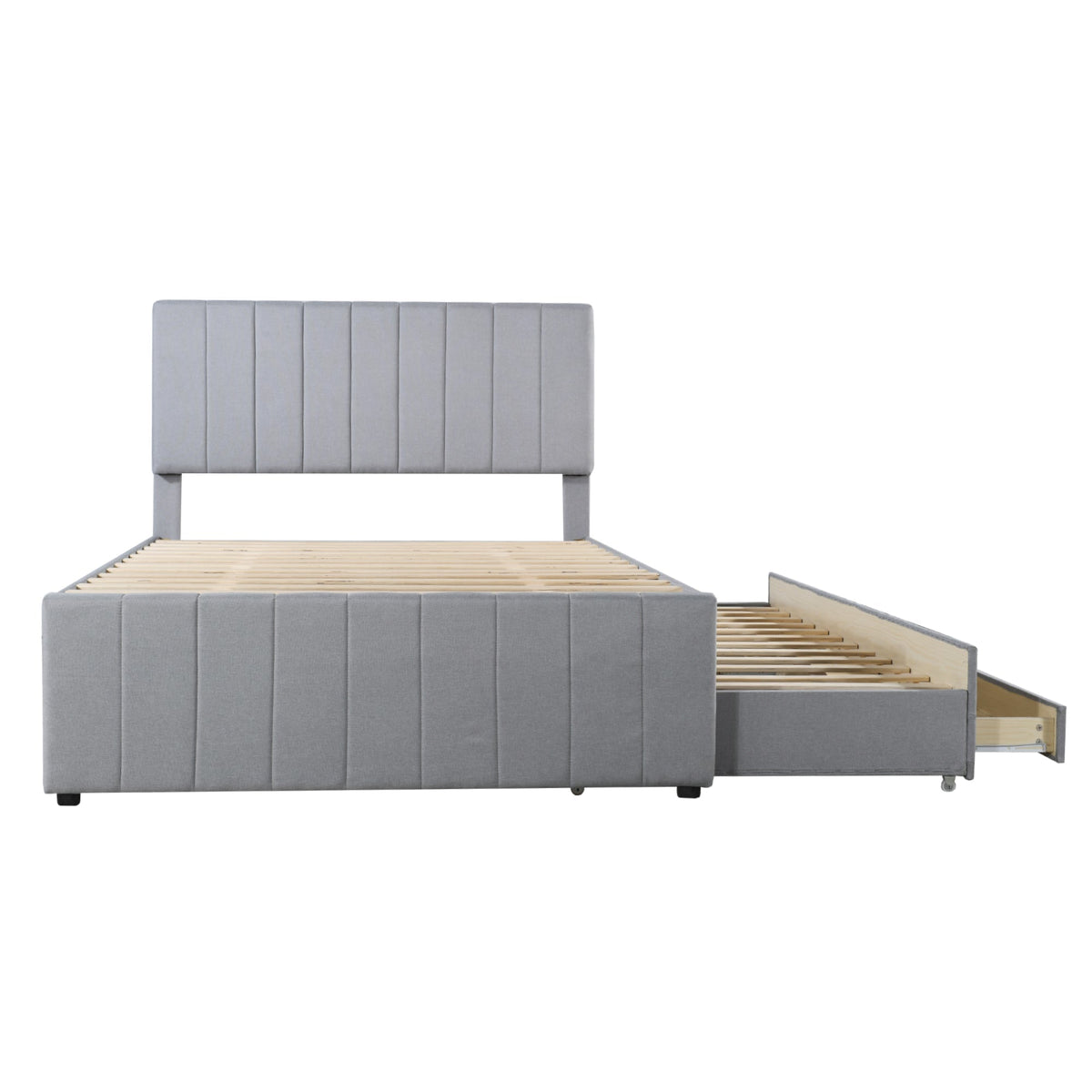 Upholstered Bed, 140x200cm, Pull-Out & Drawers, Linen Upholstery, Grey