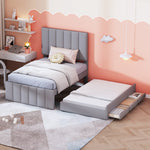 Upholstered Bed, 90x200cm Trundle with Storage Drawers, Linen Grey