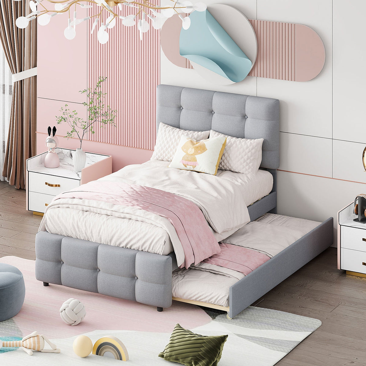 Upholstered Bed, Pull-Out Adjustable Headboard Single, Linen Grey